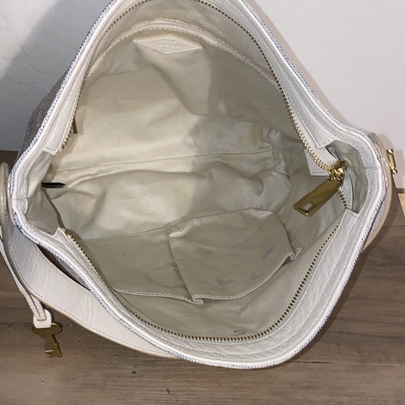 Fossil Maya Hobo Canvas Leather Cream Light Blue Crossbody - Picture 3 of 17